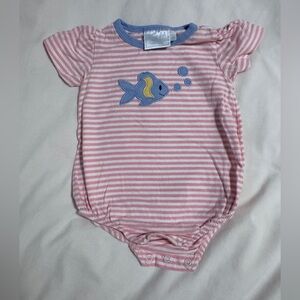 Little English Baby Girls Pink and White Stripe Cotton Bubble with Fish | 9M